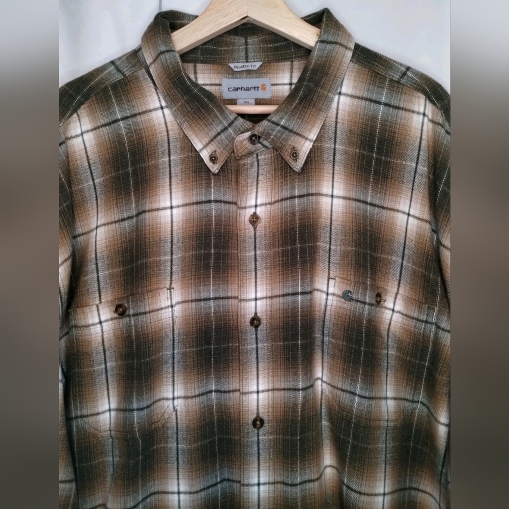 Carhartt Mens Relaxed Fit Midweight Flannel Shirt Green Tan White Plaid 4XL
